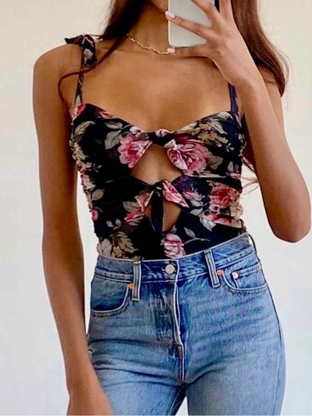 Lulus - Floral Tie-Shoulder Black & Pink Ruched Cutout Bodysuit